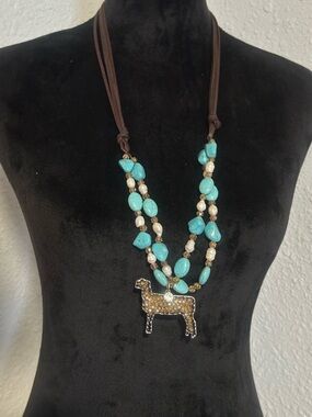 Turquoise/Pearl Double Strand Necklace with Livestock Pendant